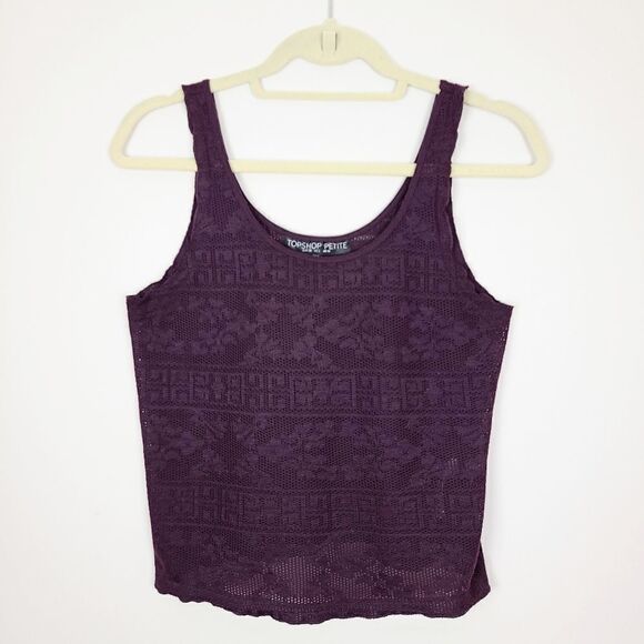 Topshop Petite Wine Red Purple Lace Print Semi Sheer Tank Top Size 6 Petite - Picture 9 of 16